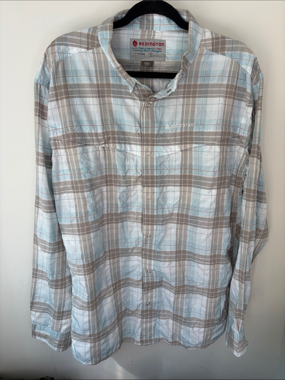 Redington Light Blue and Tan Plaid Long-Sleeve  snap  fly fishing Shirt